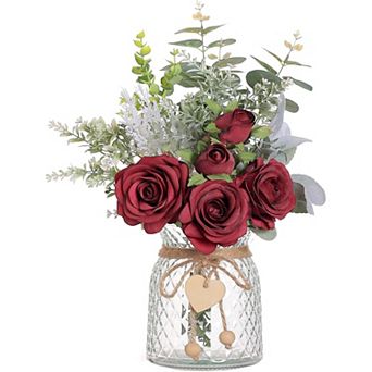 Faux Flowers with Vase,Artificial Silk Roses in Vase, Fake Plant Eucalyptus Flower Arrangement