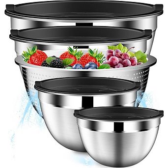 Great Ambitions Stainless Steel Mixing Bowls Set with Colander & Lids, 4-Size Kitchen Gift