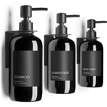 Great Ambitions Wall Mount Shampoo Dispenser Set (3-Pack) - 21oz No-Drill Soap Bottles with Labels