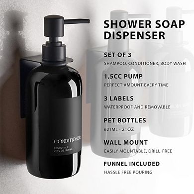 Great Ambitions Wall Mount Shampoo Dispenser Set (3-Pack) - 21oz No-Drill Soap Bottles with Labels