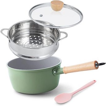 Great Ambitions 2-qt Ceramic Nonstick Saucepan with Lid & Steamer, Green, Induction Ready