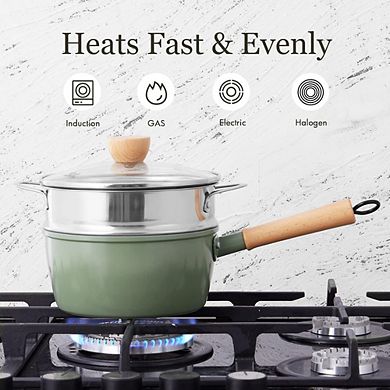 Great Ambitions 2 Qt Ceramic Nonstick Saucepan with Lid & Steamer, Green, Induction Ready