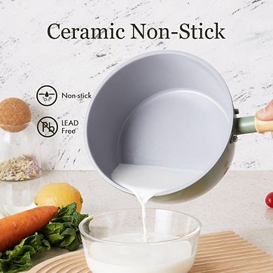 Great Ambitions 2 Qt Ceramic Nonstick Saucepan with Lid & Steamer, Green, Induction Ready
