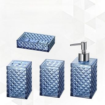 Bathroom Accessories Set, 4 Pack Blue Acrylic Bath Accessory Sets Complete, Diamond Soap Dispenser