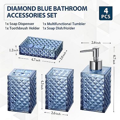 Bathroom Accessories Set, 4 Pack Blue Acrylic Bath Accessory Sets Complete, Diamond Soap Dispenser