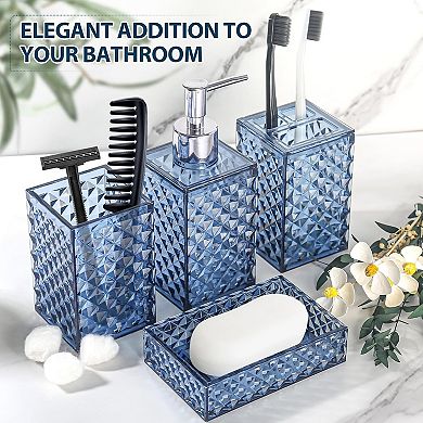 Bathroom Accessories Set, 4 Pack Blue Acrylic Bath Accessory Sets Complete, Diamond Soap Dispenser