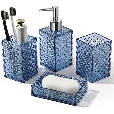 Bathroom Accessories Set, 4 Pack Blue Acrylic Bath Accessory Sets Complete, Diamond Soap Dispenser