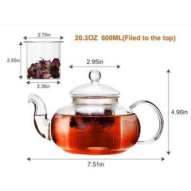 Great Ambitions Stovetop Safe Glass Teapot 20.3 oz, with Removable Infuser for Loose & Blooming Tea
