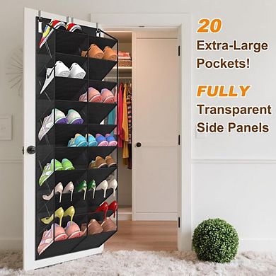 Great Ambitions 20-30 Pairs Over The Door Shoe Organizer, Clear 10-Tier Hanging Storage - Black