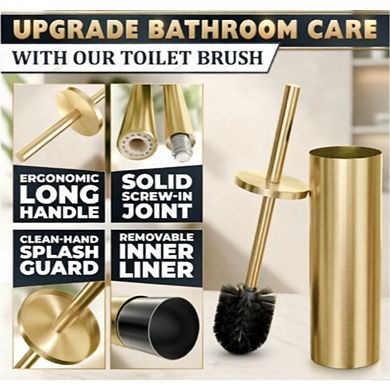 Great Ambitions Gold Toilet Brush & Holder Set - Stainless Steel with Replacable Head, Splash Guard