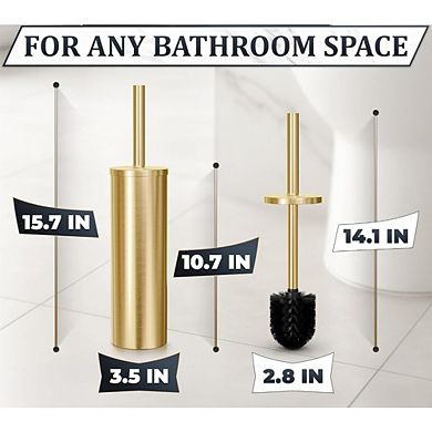 Great Ambitions Gold Toilet Brush & Holder Set - Stainless Steel with Replacable Head, Splash Guard
