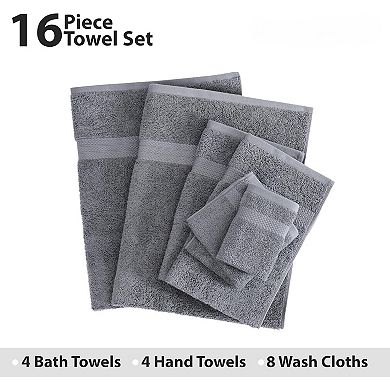 Cotton Luxury Bath Towel Set - 16 Pieces - Highly Absorbent - 4 Bath, 8 Washcloths, 4 Hand Towels