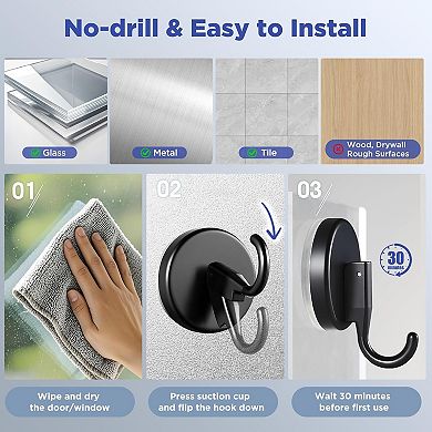 Suction Cup Wreath Hanger, Upgraded Reef Hook for Front Door/Glass Window/Over Door (Black, 2-Pack)