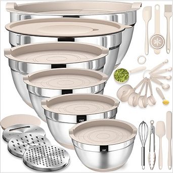 Great Ambitions 26 pc Stainless Steel Mixing Bowl Set with Lids, Grater & Gadgets (1-7QT)