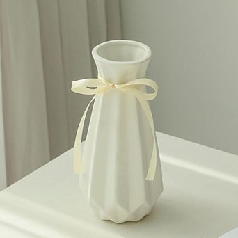 Origami Ceramic Vase with Ribbon, 7.9" H, Artistic Design Flower Vase Geometrical Style