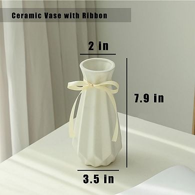 Origami Ceramic Vase with Ribbon, 7.9" H, Artistic Design Flower Vase Geometrical Style