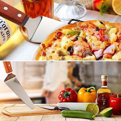 4 Pcs Stainless Steel Pizza Servers with Wooden Handle, Triangular Spade Pie Pastry Spatula