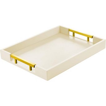 Leather Serving Tray with Gold Polished Metal Handles, Home Decorative Wooden Rectangle