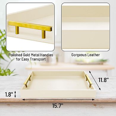 Leather Serving Tray with Gold Polished Metal Handles, Home Decorative Wooden Rectangle