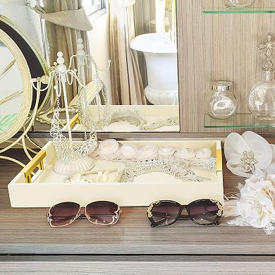 Leather Serving Tray with Gold Polished Metal Handles, Home Decorative Wooden Rectangle