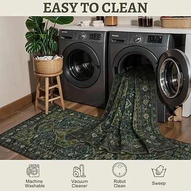 Vintage Area Rug Washable Fabric, Non-Slip Backing, Distressed Look