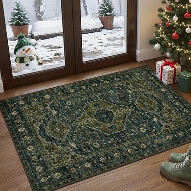 Vintage Area Rug Washable Fabric, Non-Slip Backing, Distressed Look