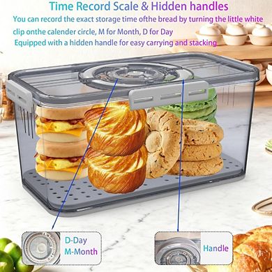 Great Ambitions Airtight Bread Box with Lid, Handle & Time Tracker for Countertop Storage,Grey