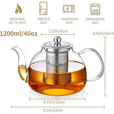 Great Ambitions 40oz Glass Teapot Stovetop Safe, Borosilicate w, Infuser for Loose Tea