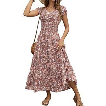 Women's V Neck Floral Maxi Dress Short Sleeve Smocked Waist Tiered Ruffle Dresses