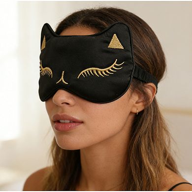 Cat Embroidered Silk Sleep Mask Adjustable Strap Soft Eye Mask for Travel Nap Night Sleep Light