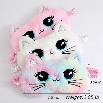 Plush Cat Face Sleep Mask Soft Faux Fur Eye Cover with Embroidered Design Elastic Satin Strap