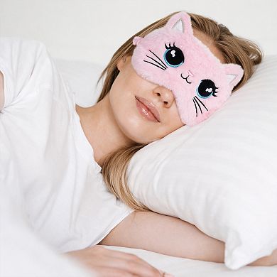 Plush Cat Face Sleep Mask Soft Faux Fur Eye Cover with Embroidered Design Elastic Satin Strap