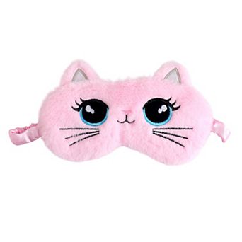 Plush Cat Face Sleep Mask Soft Faux Fur Eye Cover with Embroidered Design Elastic Satin Strap