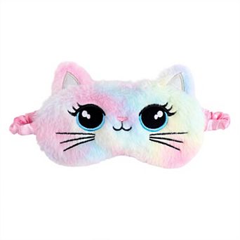 Plush Cat Face Sleep Mask Soft Faux Fur Eye Cover with Embroidered Design Elastic Satin Strap