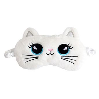 Plush Cat Face Sleep Mask Soft Faux Fur Eye Cover with Embroidered Design Elastic Satin Strap