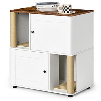 Double Cat Litter Box Cabinet with Shelf Holds Two Litter Boxes White and Vintage Finish
