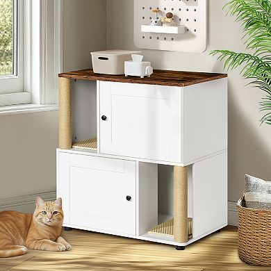 Double Cat Litter Box Cabinet with Shelf Holds Two Litter Boxes White and Vintage Finish