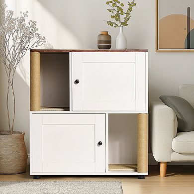 Double Cat Litter Box Cabinet with Shelf Holds Two Litter Boxes White and Vintage Finish