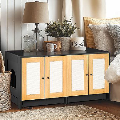Double Cat Litter Box Cabinet with Rattan Doors Hidden Furniture, 47 Inch, Black
