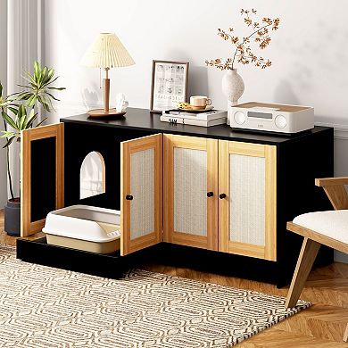 Double Cat Litter Box Cabinet with Rattan Doors Hidden Furniture, 47 Inch, Black