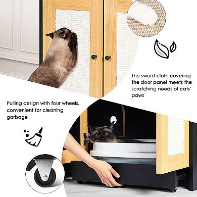 Double Cat Litter Box Cabinet with Rattan Doors Hidden Furniture, 47 Inch, Black