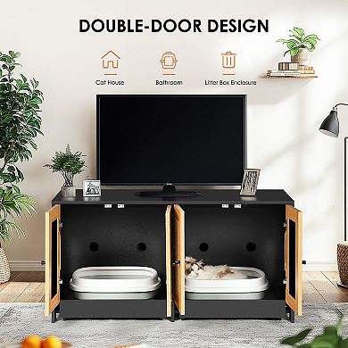 Double Cat Litter Box Cabinet with Rattan Doors Hidden Furniture, 47 Inch, Black