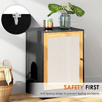 Modern Cat Tree with Hidden Litter Box​ Gray Condo with Feeding Bowls & Play Toys