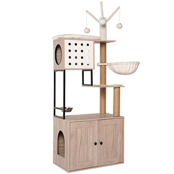 Modern Cat Tree with Hidden Litter Box Gray Cat Condo with Scratching Posts and Feeding Bowls
