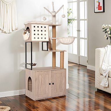 Modern Cat Tree with Hidden Litter Box Gray Cat Condo with Scratching Posts and Feeding Bowls