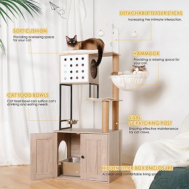 Modern Cat Tree with Hidden Litter Box Gray Cat Condo with Scratching Posts and Feeding Bowls