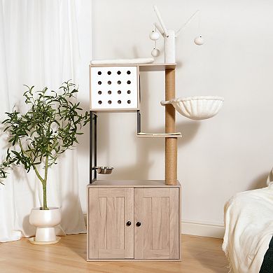 Modern Cat Tree with Hidden Litter Box Gray Cat Condo with Scratching Posts and Feeding Bowls