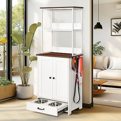 Adjustable Pet Feeding Station with Bowls Dog and Cat Feeder with 2 Level Storage Shelves White