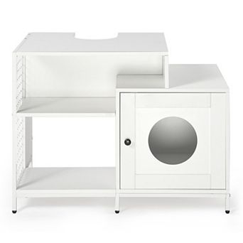 Hidden Cat Litter Enclosure for Bathroom Washroom Cabinet with Divider Indoor Pet House White