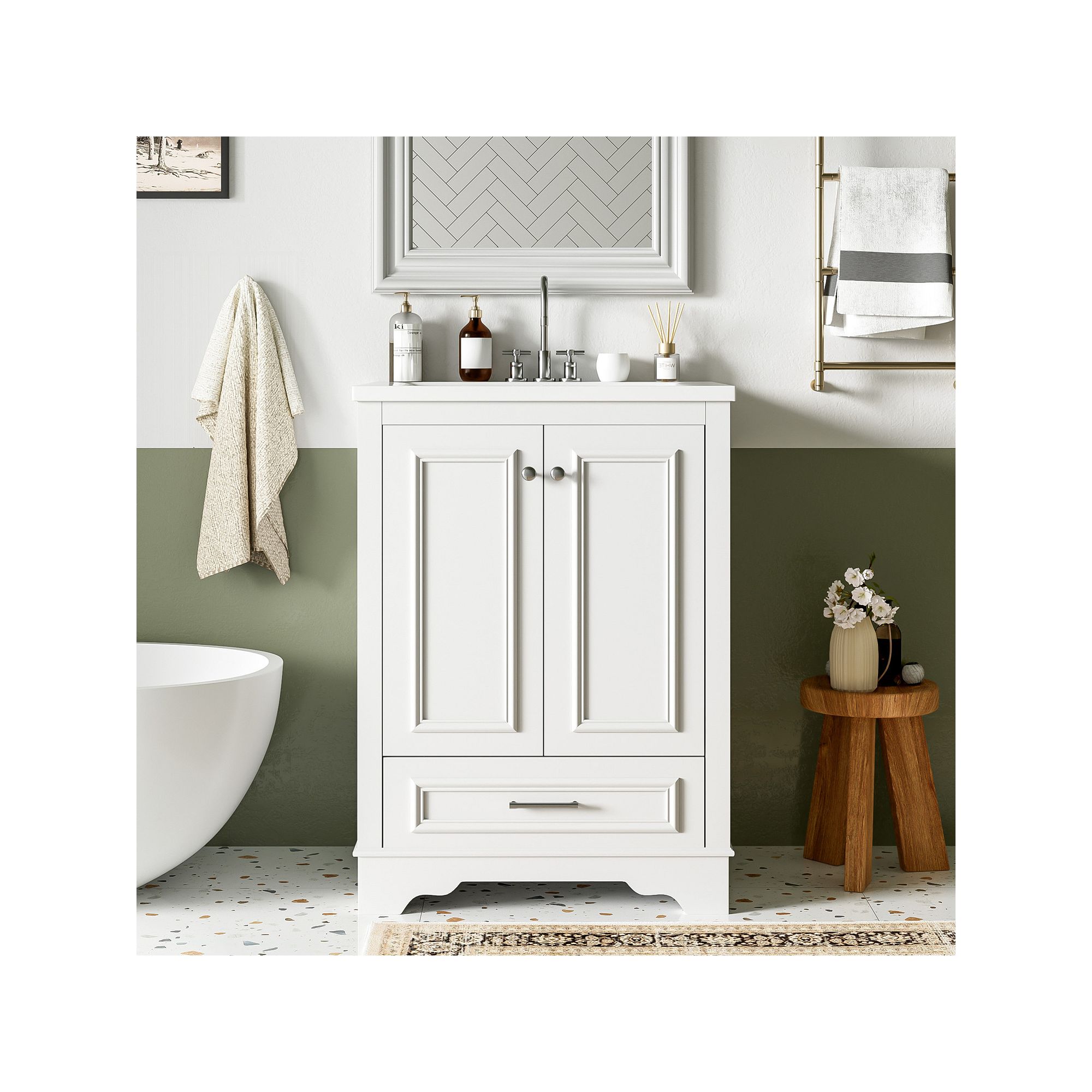 White freestanding bathroom vanity with ceramic sink and drawer storage